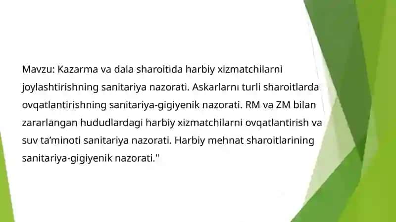 Kazarma va dalas harbiy xizmatdagi gigiena fanidan mustaqil ish 2