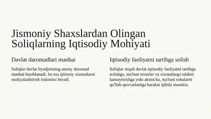 Jismoniy Shaxslardan Olingan Soliqlar: Iqtisodiy Mohiyat va Byudjet Daromatlariga Ta'siri 2