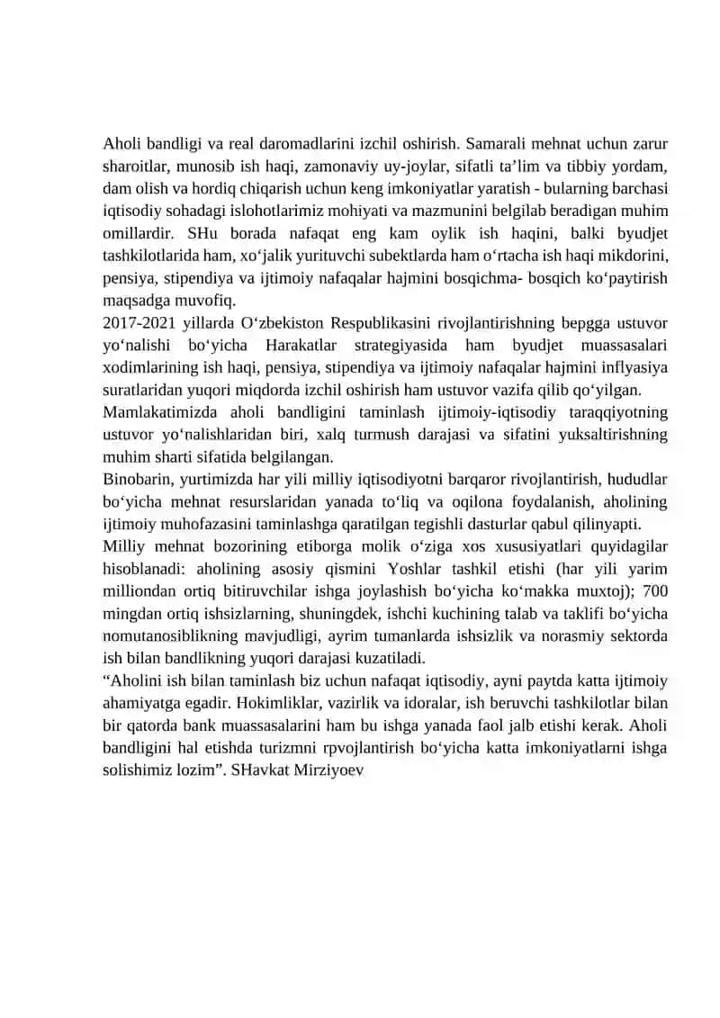 Aholi bandligi va real daromadlarini izchil oshirish 2