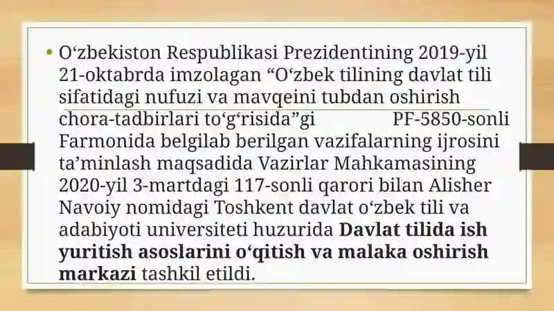Davlat tilida ish yuritish asoslarini o‘qitish va malaka oshirish markazi 2