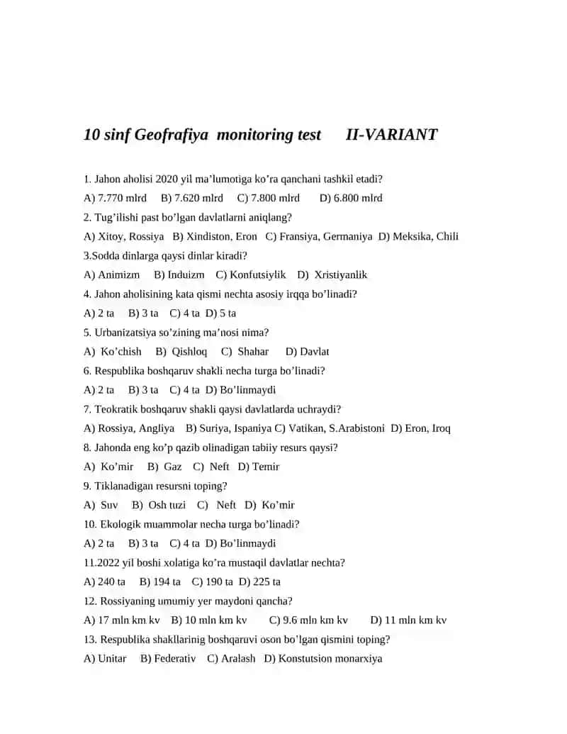 10-sinf Geofrafiya monitoring test 2