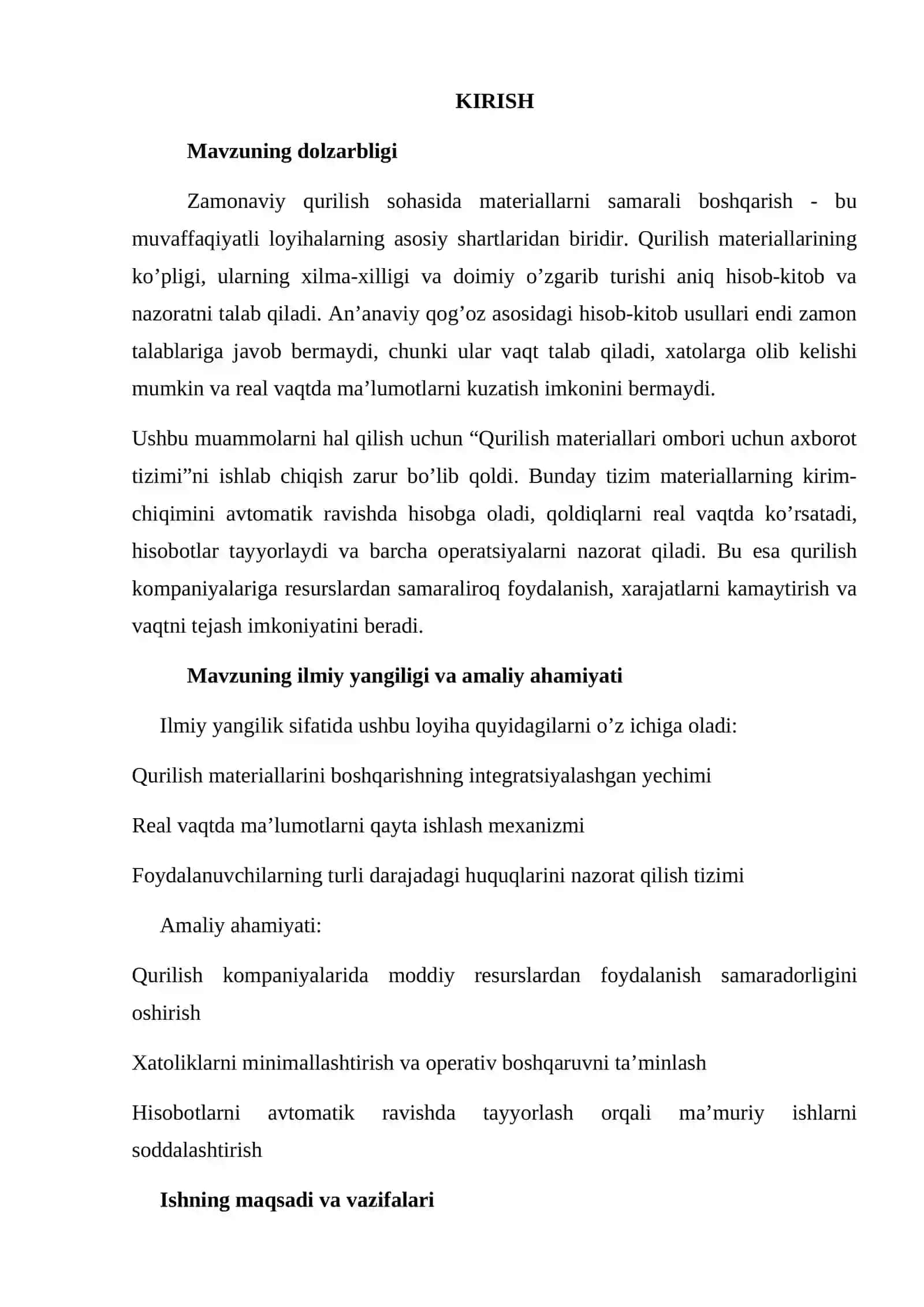 Qurilish Materiallari Ombori uchun Axborot Tizimini Loyihalash, Modellashtirish va Ishlab Chiqish 2