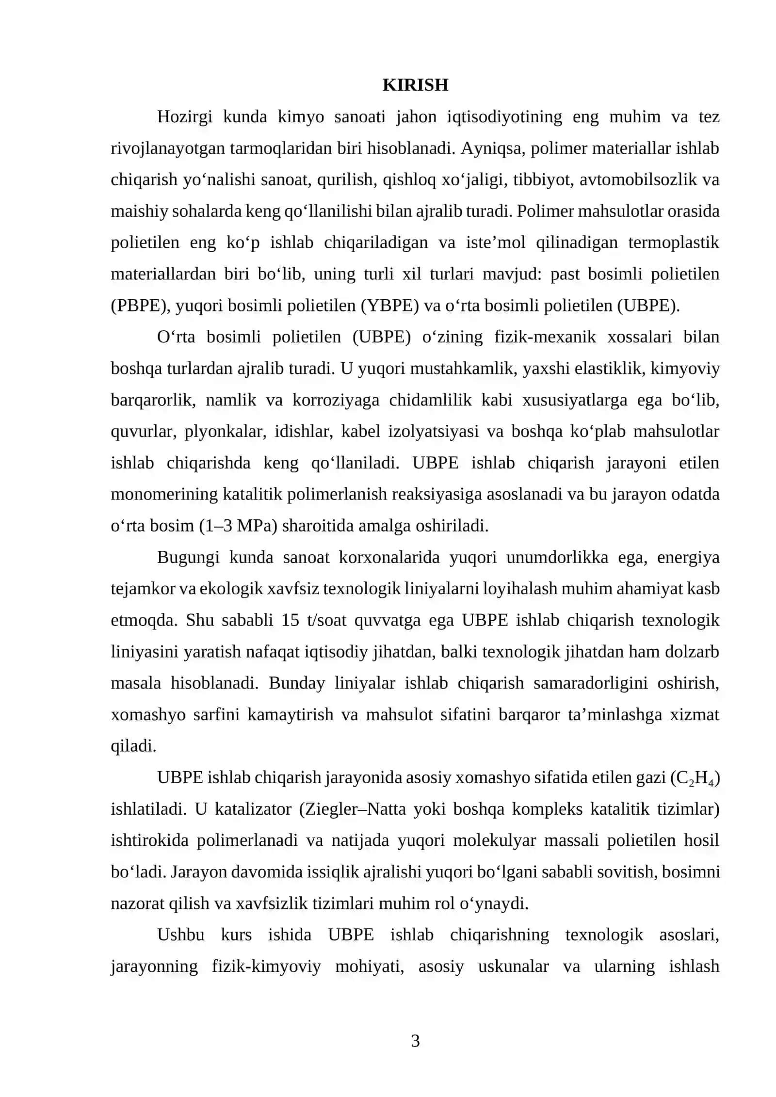 Ish unumdorligini 15 t/soat boʻlgan oʻrta bosimli polietilen (UBPE) ishlab chiqarish liniyasi loyihalash 2