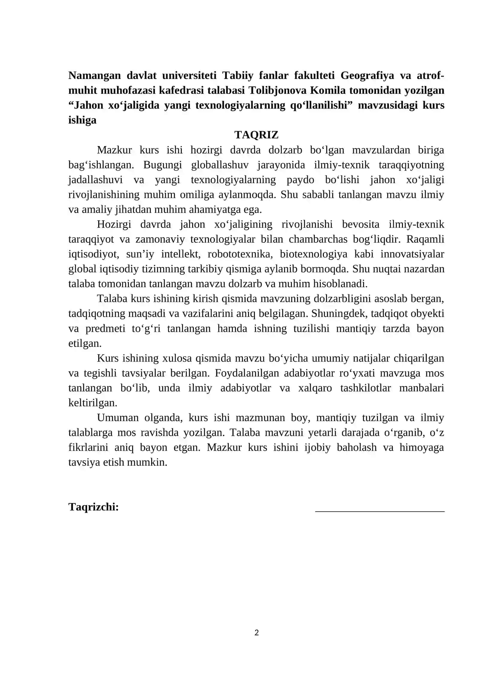 “Jahon xo‘jaligida yangi texnologiyalarning qo‘llanilishi” kurs ishi 2