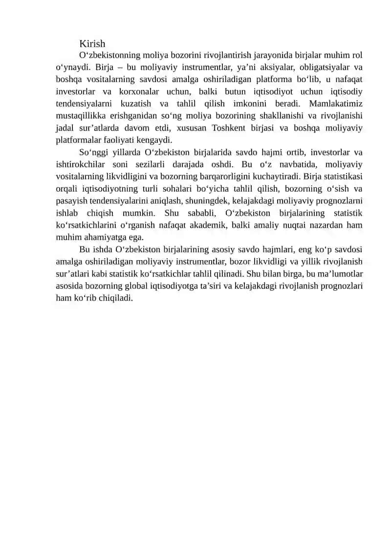 O'zbekistonning birjalar statistikasi 2