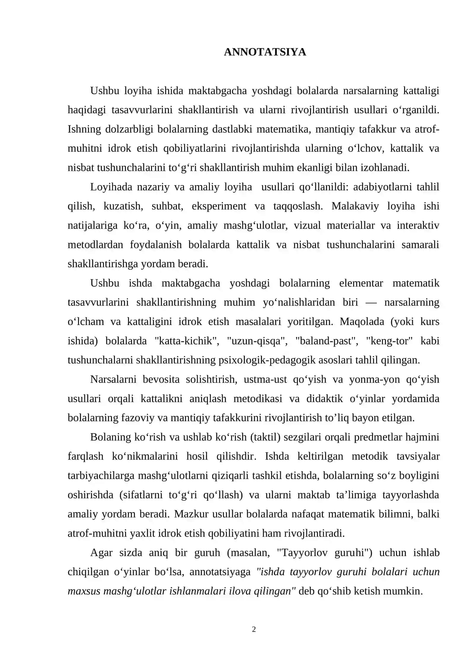 Maktabgacha yoshdagi bolalarda “Narsalarni kattaligi haqidagi tasavvurlarini tarkib toptirish usullari” mavzusida LOYIHA ISHI 2
