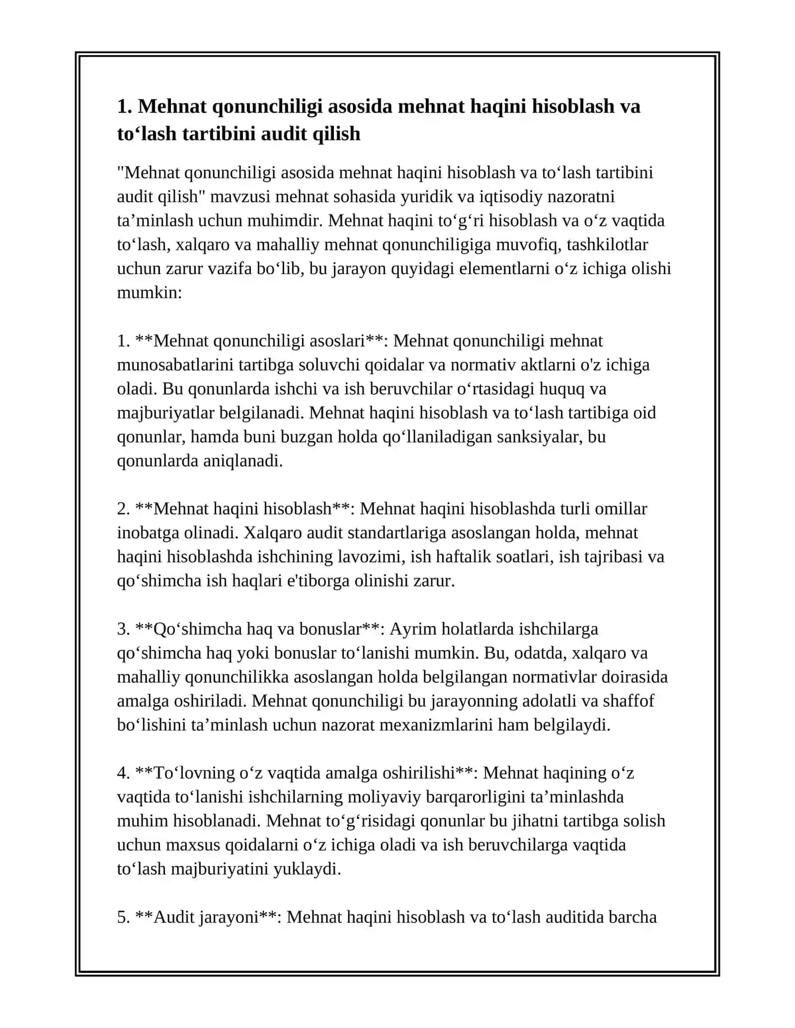 MEHNAT HAQI HISOBI VA TO'LASH JARAYONI AUDITI 2