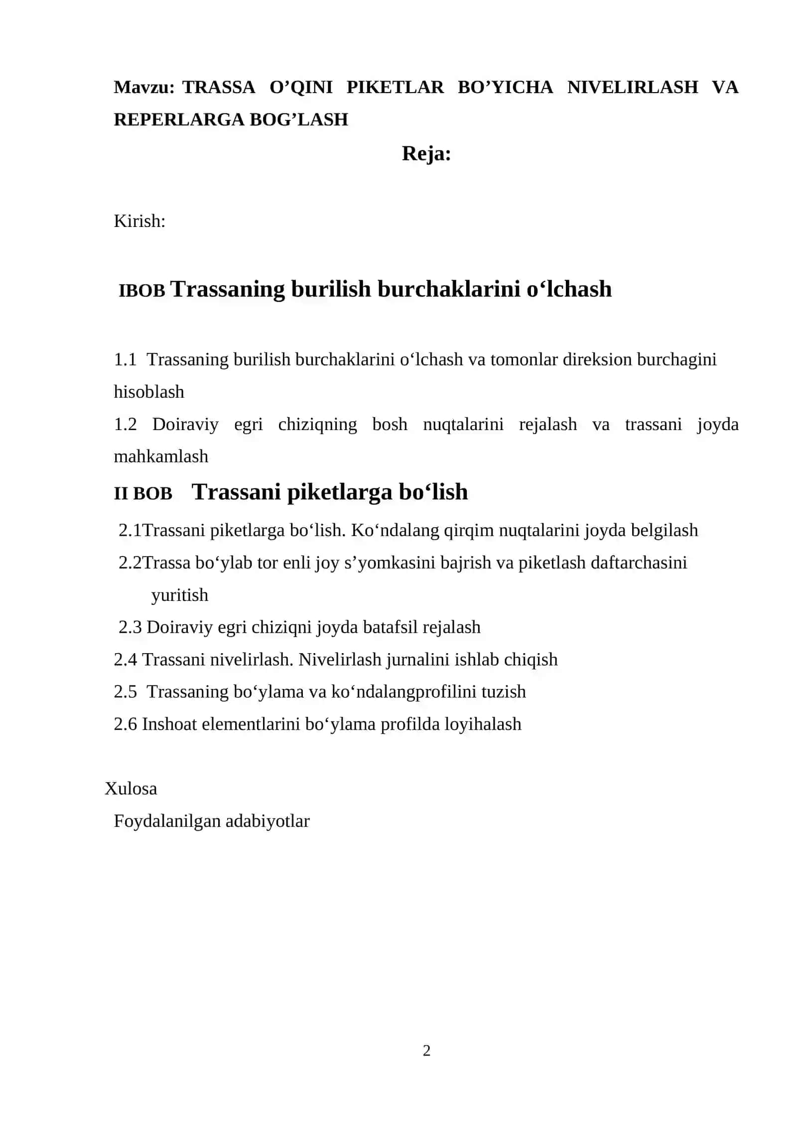 TRASSA O’QINI PIKETLAR BO’YICHA NIVELIRLASH VA REPERLARGA BOG’LASH 2