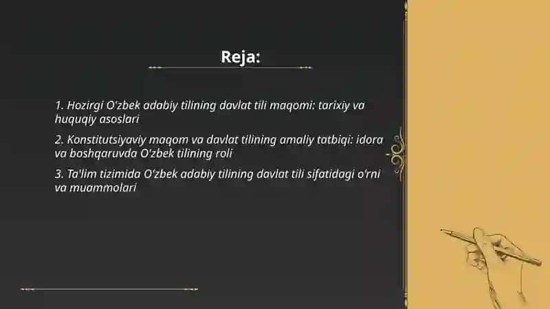 Hozirgi O'zbek adabiy tilining davlat tili mavqeyidagi o'rni 2