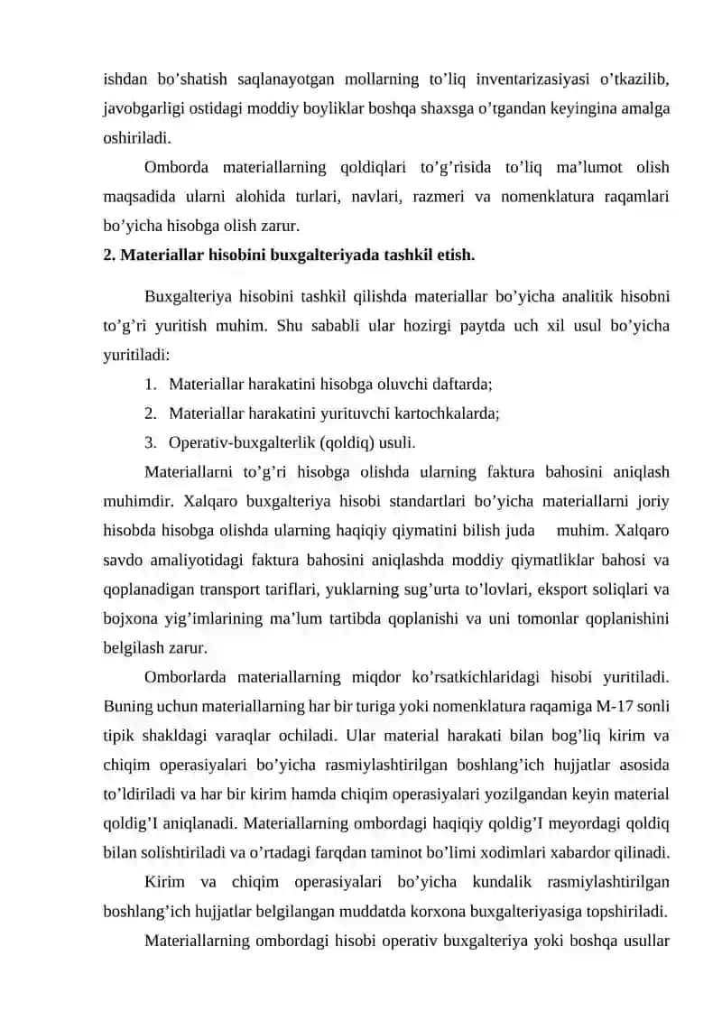 Materiallarni omborda va buxgalteriyada hisobga olish 2
