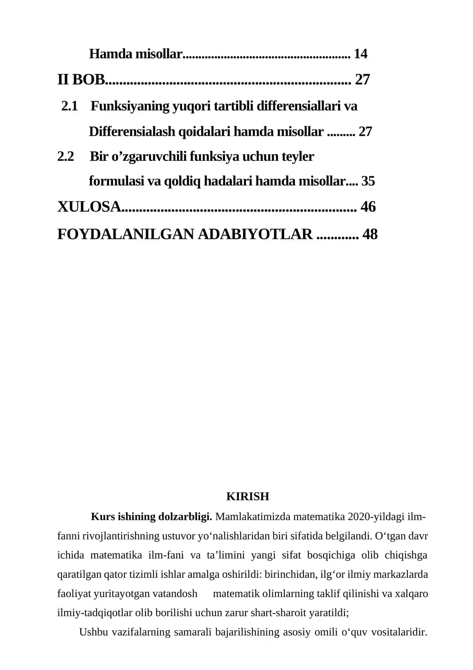 Bir o’zgaruvchili fungksiyaning yuqori tartibli hosilalari va differnsiallari hamda Teyler formulasi 2