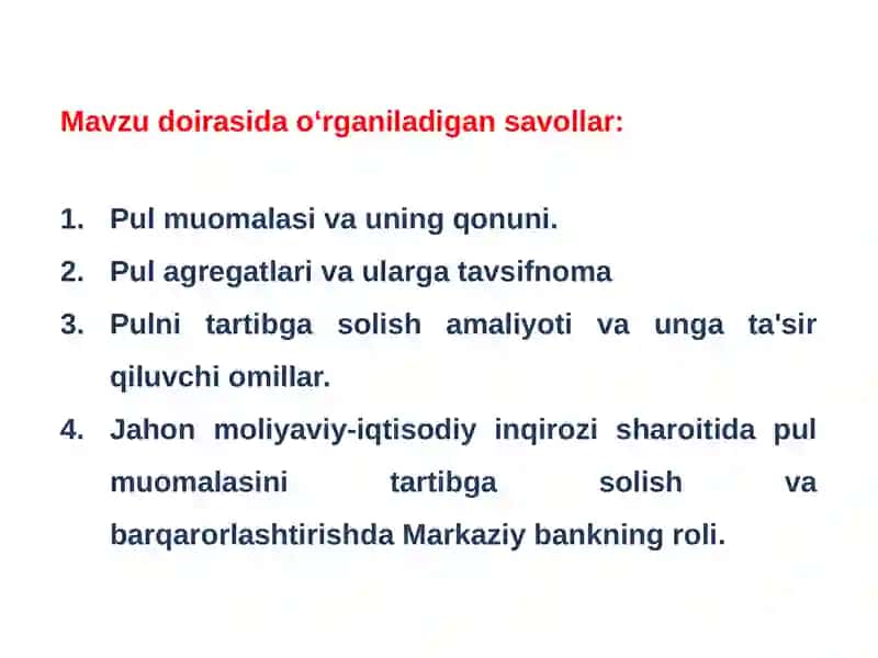 Pul muomalasini tashkil qilish va pul massasi 2