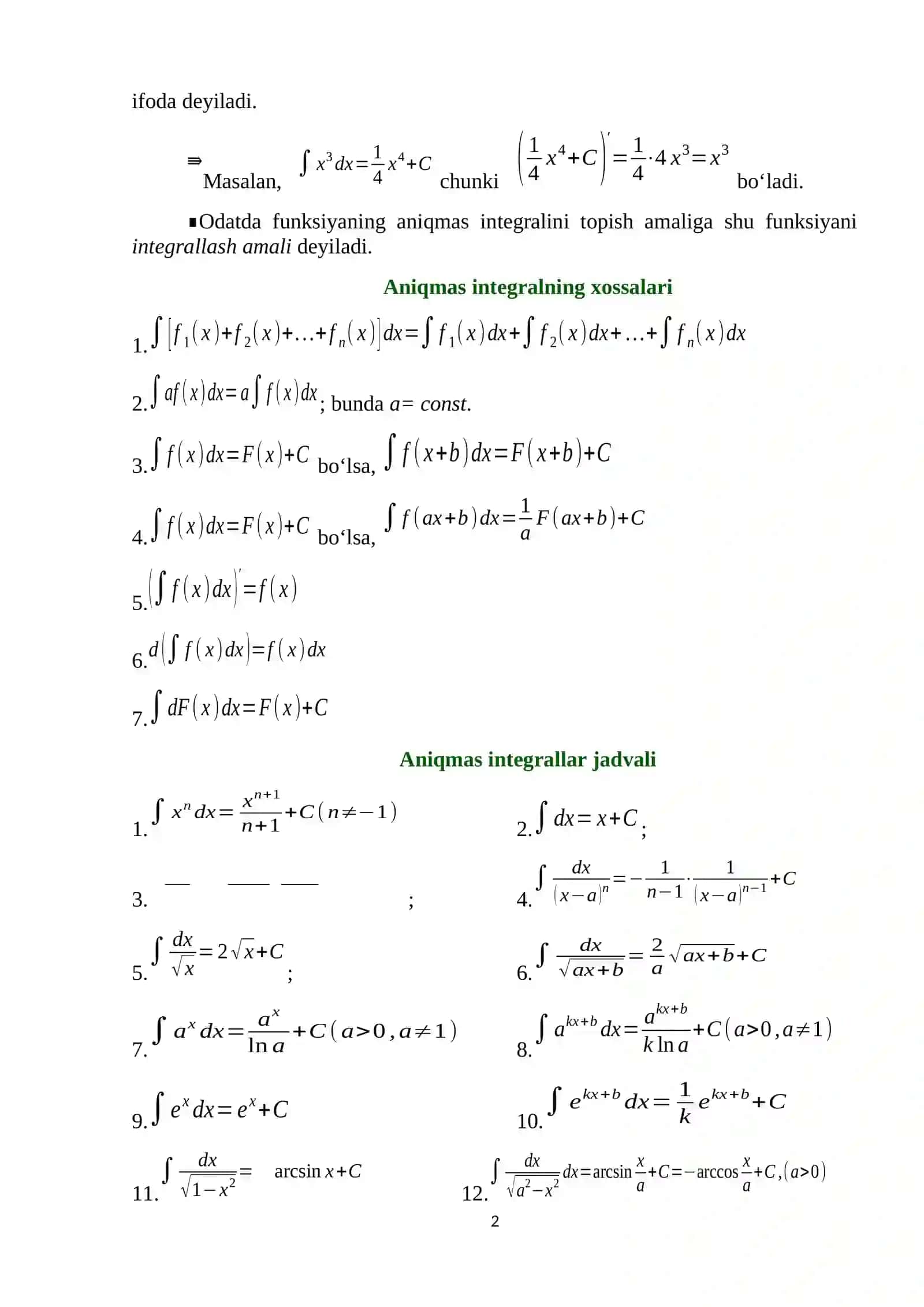Boshlangʻich funksiya va aniqmas integralning ta’rifi, xossalari 2