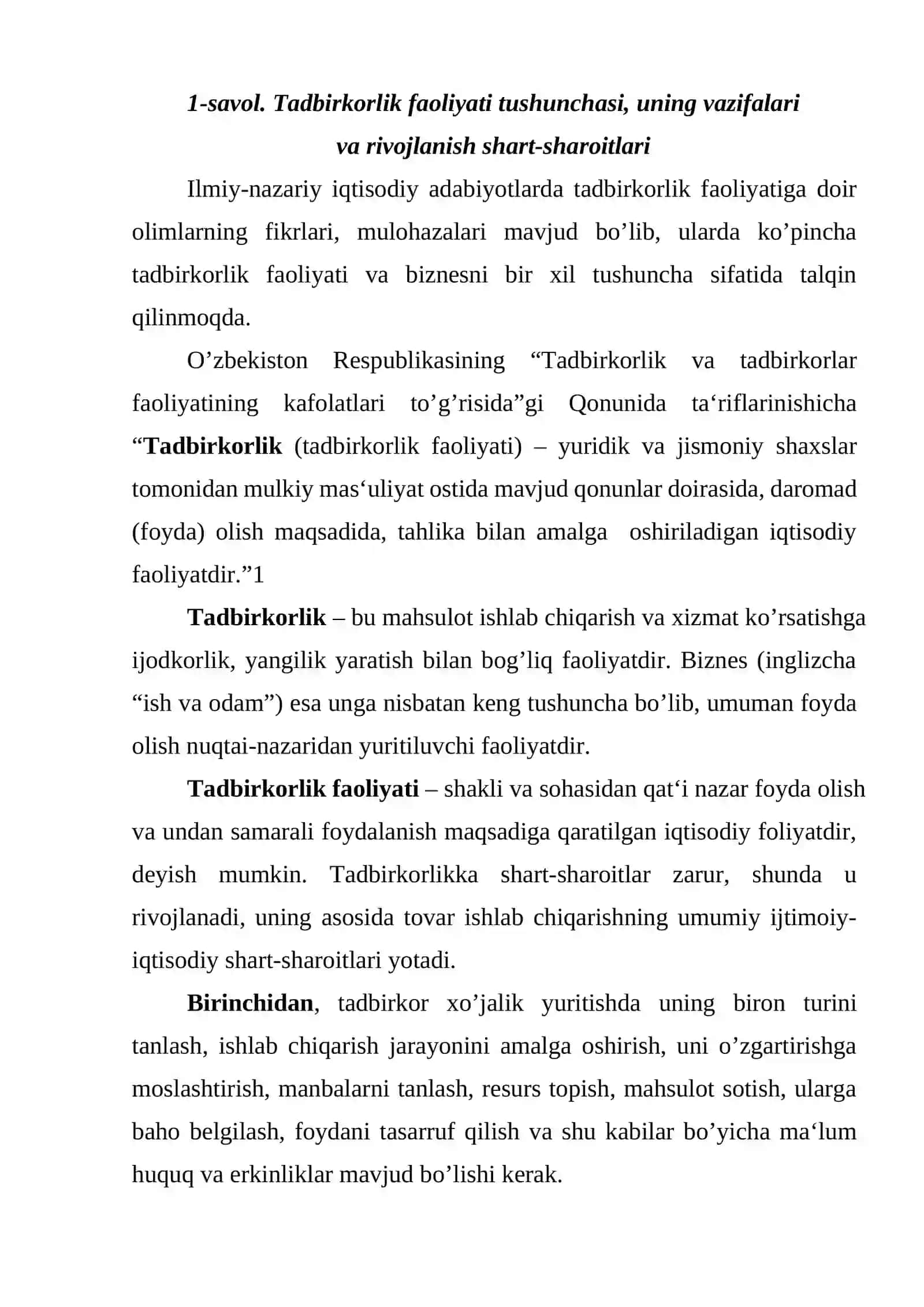 Tadbirkorlik faoliyati. Tadbirkorlik kapitali va uning aylanishi 2