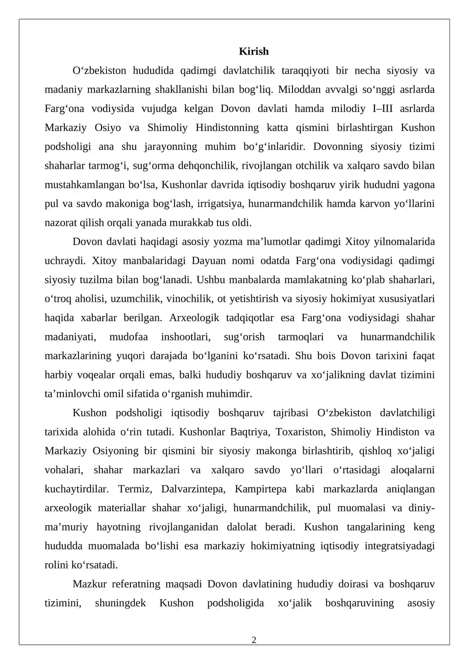Dovon davlati hududi va boshqaruv tizimi. Kushon davlati (podsholigida) xo‘jalik boshqaruvi 2