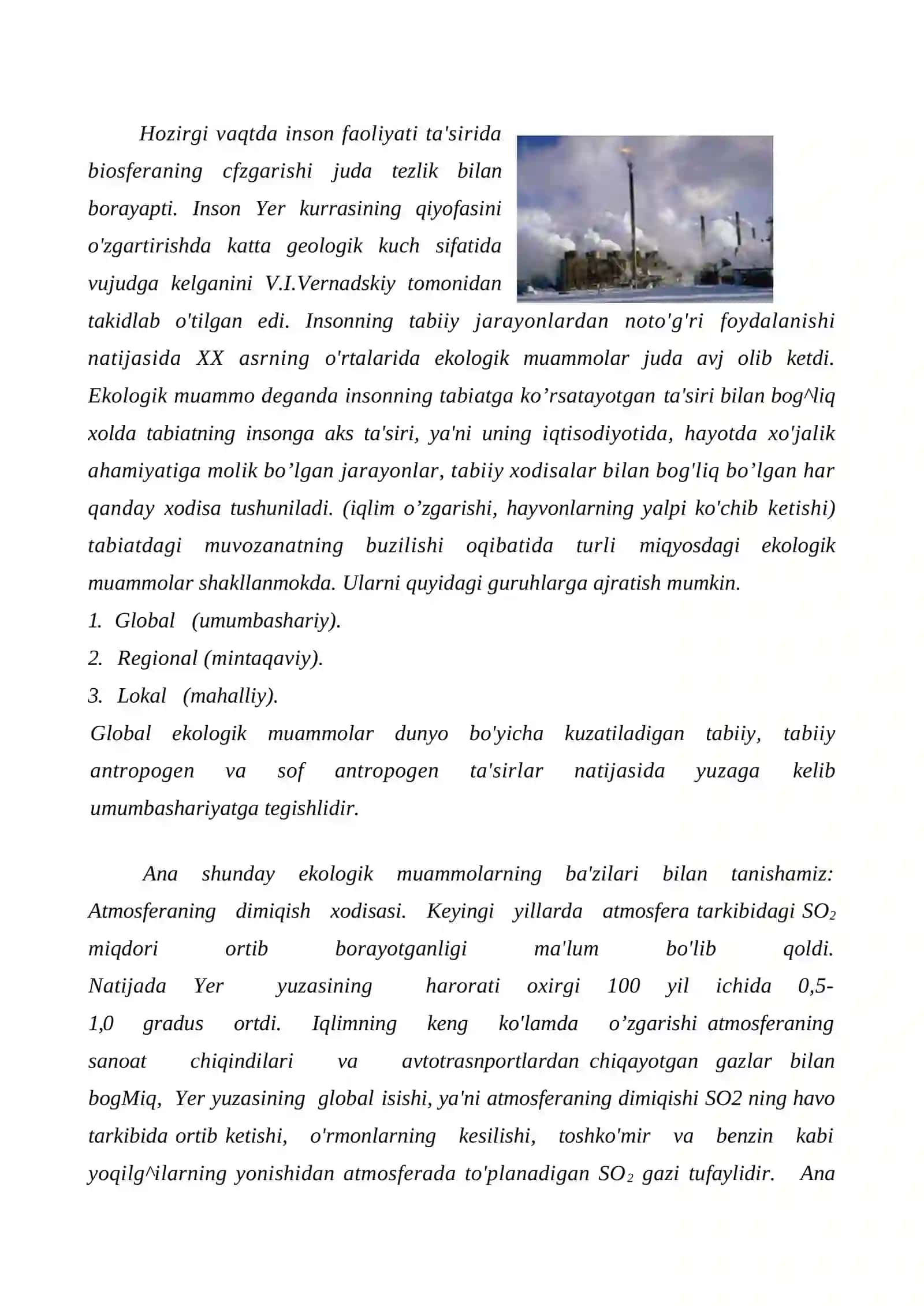 Global Mintaqaviy va mahalliy ekologik muammolar 2