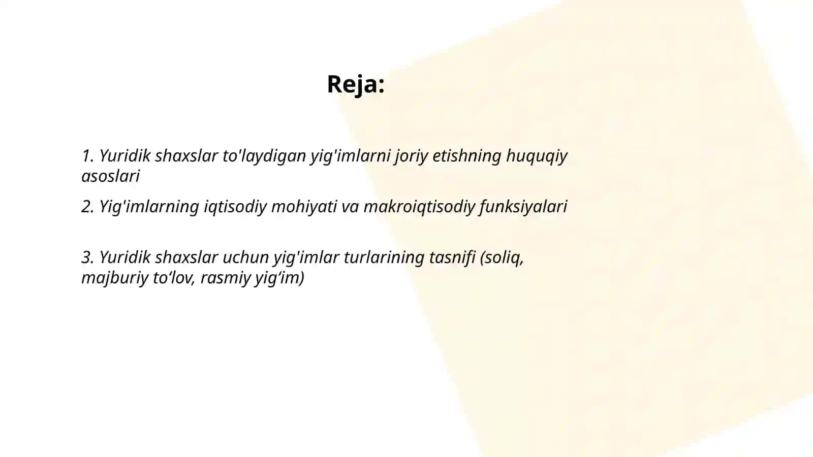 Yuridik shaxslar to'laydigan yig'imlarni joriy etilishi, iqtisodiy mohiyati va turlari 2