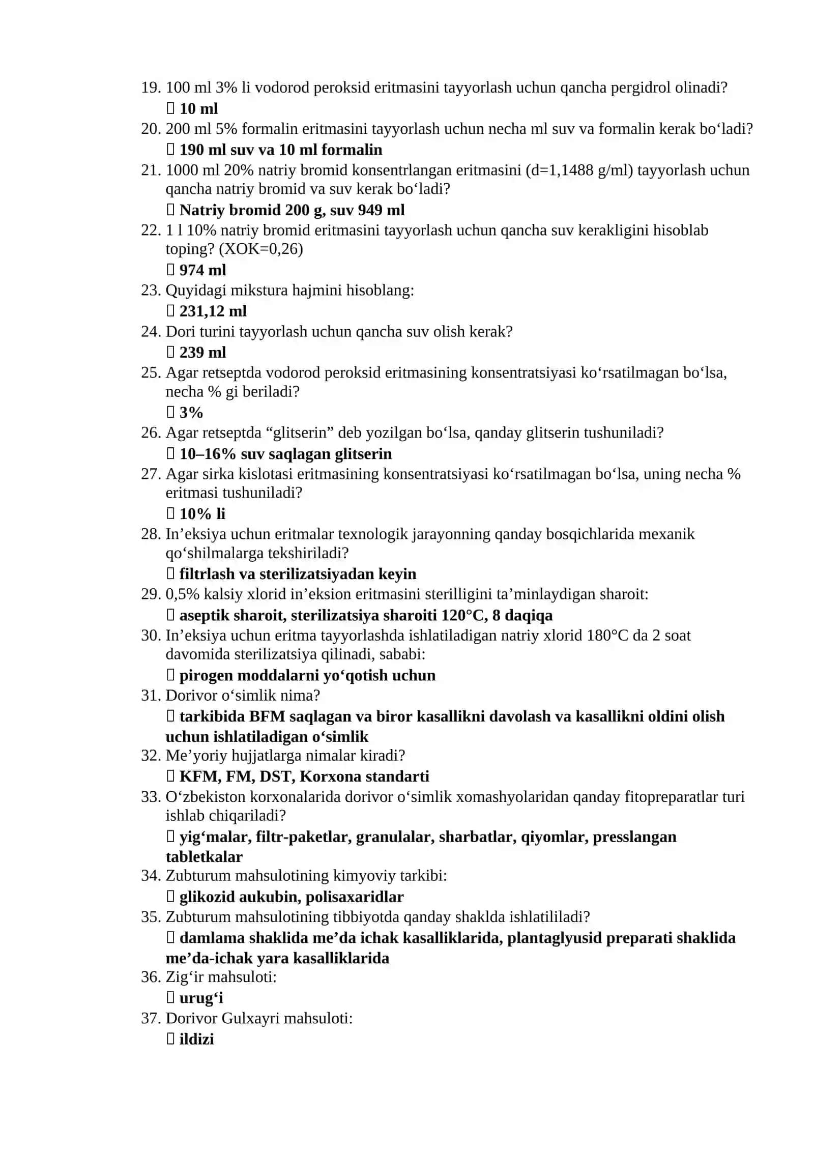 Farmatsiya mutaxassisligi boʻyicha shakllantirilgan test savollari roʻyxati javoblari bilan 2