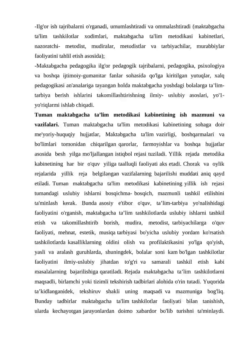 Respublika maktabgacha ta’lim metodikasi kabinetining ish mazmuni. 2