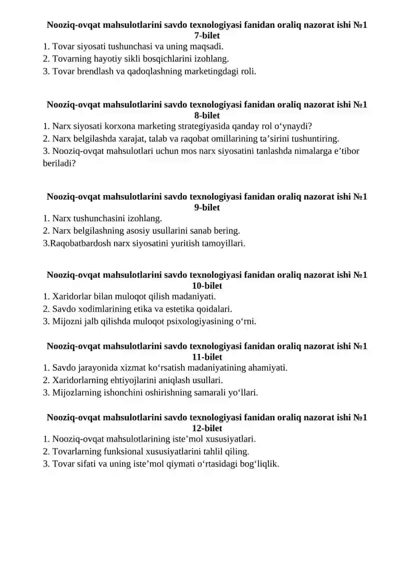 Nooziq-ovqat mahsulotlarini savdo texnologiyasi fanidan oraliq nazorat ishi №1 2