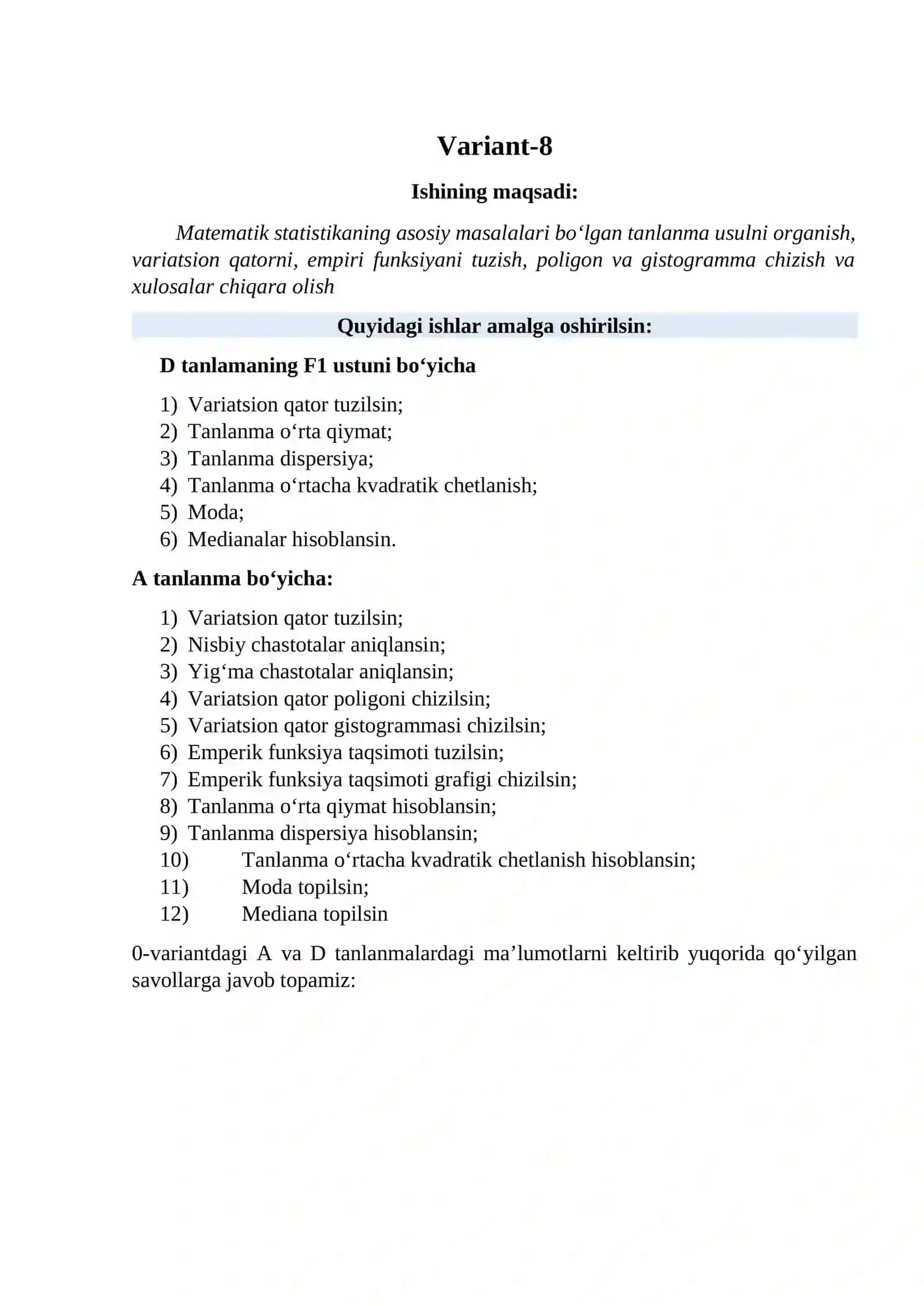 EHTIMOLLIK VA STATISTIKA FANIDAN AMALIY ISH-3 variant 8 2