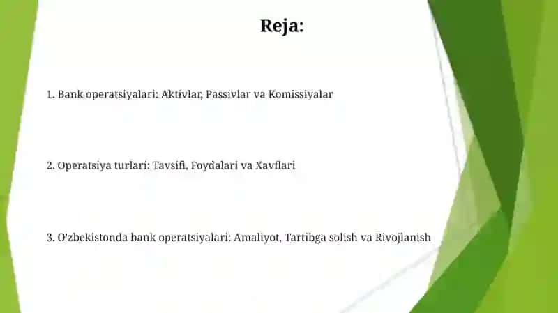 Bank operatsiyalari turlari  Bank operatsiyalarining turlari aktiv, passiv, komission(dizayn) 2
