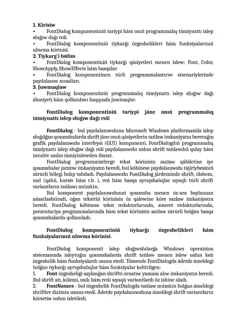 FontDialog komponentası menen islew. Qásiyetleri hám waqıyaları. 2
