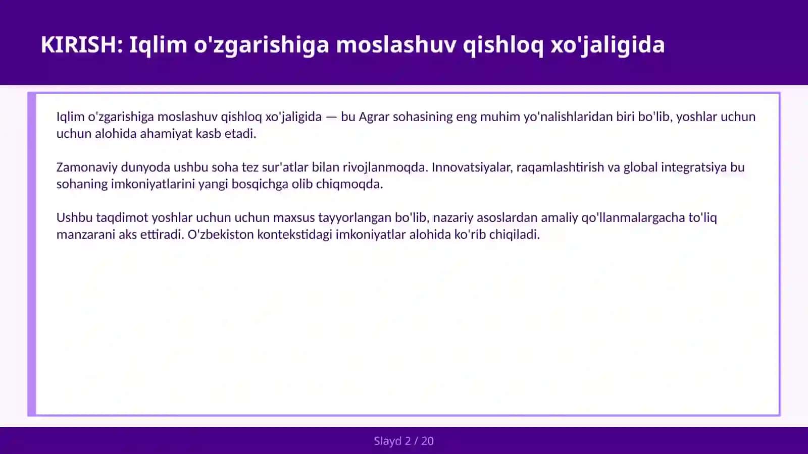 Iqlim o'zgarishiga moslashuv qishloq xo'jaligida 2