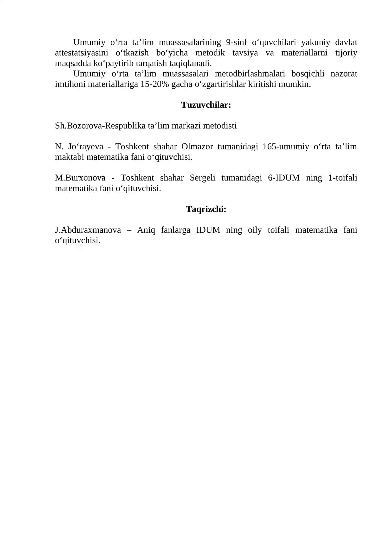 2019-2020-O‘QUV YILIDА UMUMIY O‘RTА TА’LIM MАKTАBLАRINING 9-SINF O‘QUVCHILАRI UCHUN YAKUNIY DAVLAT ATTESTATSIYASI O‘TKAZISH BO‘YICHA MATEMATIKA FАNIDАN METODIK TAVSIYA VA MАTЕRIАLLАR 2