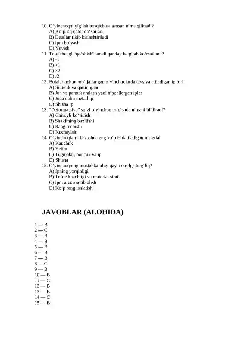 O‘YINQOQLAR TO‘QISH TEXNOLOGIYASI TEST SAVOLLARI 2