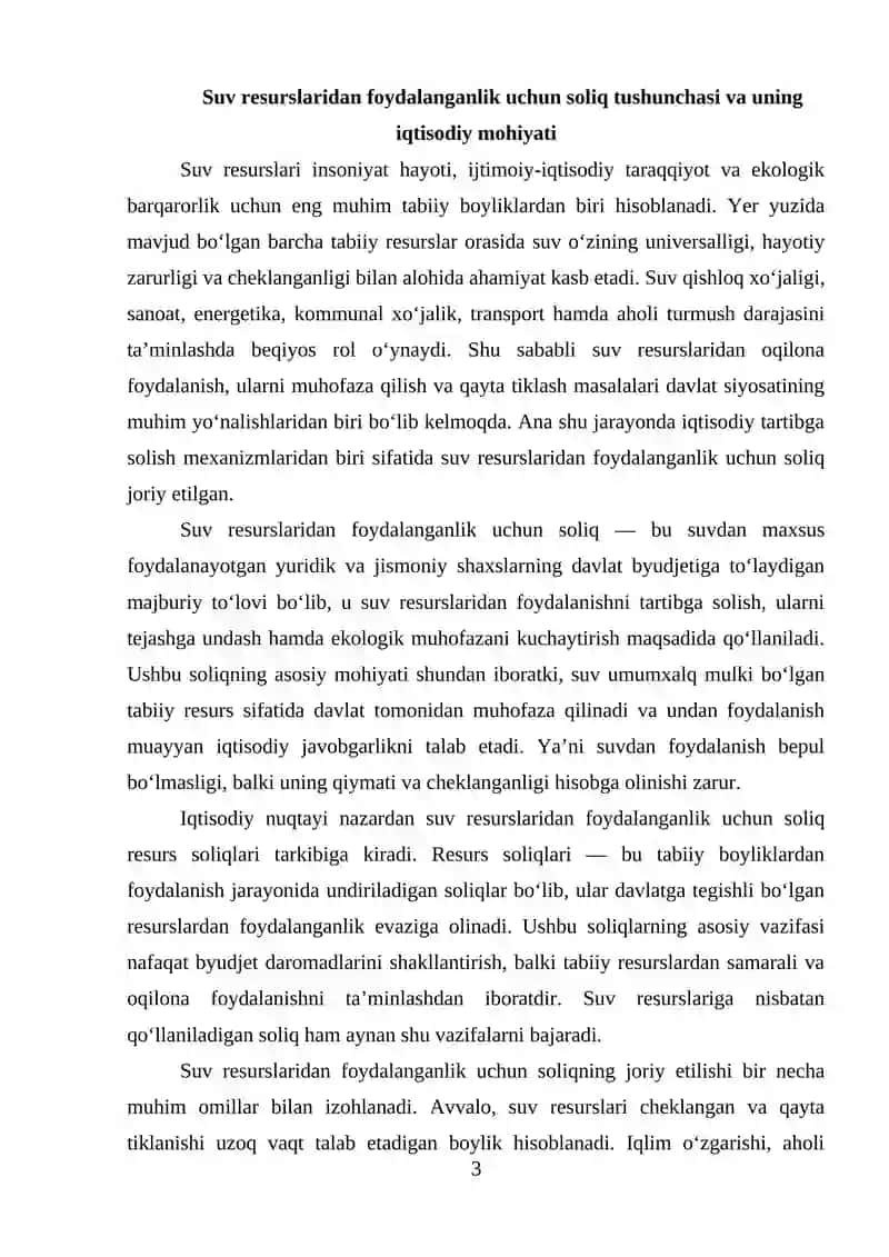 SUV RESURSLARIDAN FOYDALANGANLIK UCHUN SOLIQNING STAVKALARI 2