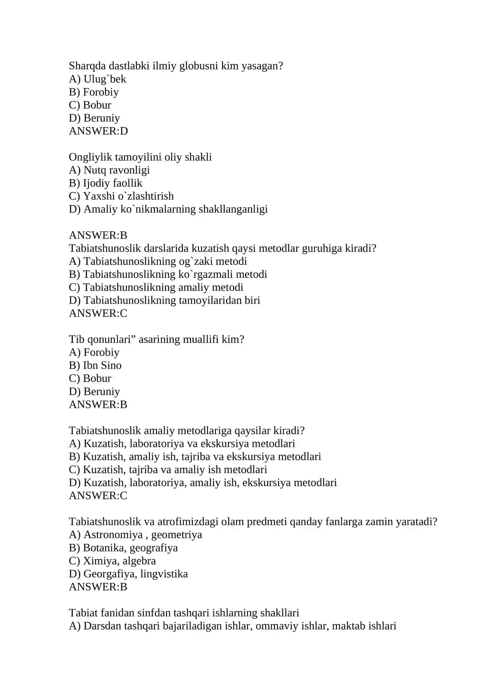 Tabiatshunoslik va uni o’qitish metodikasi fanidan test 2