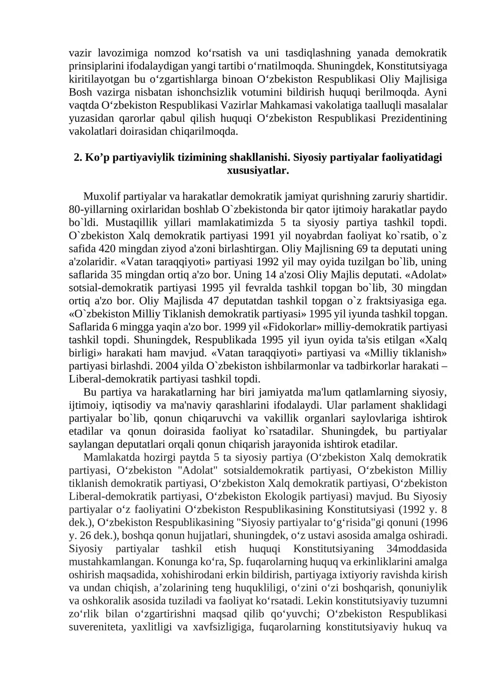 O‘ZBEKISTONDA DEMOKRATIK, FUQAROLIK JAMIYATI ASOSLARINING SHAKLLANISHI, AMALGA OSHIRILGAN SIYOSIY ISLOHOTLAR 2