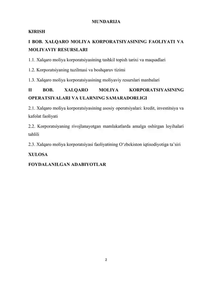Xalqaro moliya korporatsiyasining moliyaviy resurslari va operatsiyalari. 2