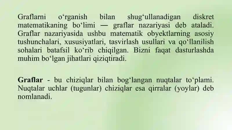 Graflar nazariyasi elemintlari. Grafni to`liq aylanib chiqish algoritmi. 2