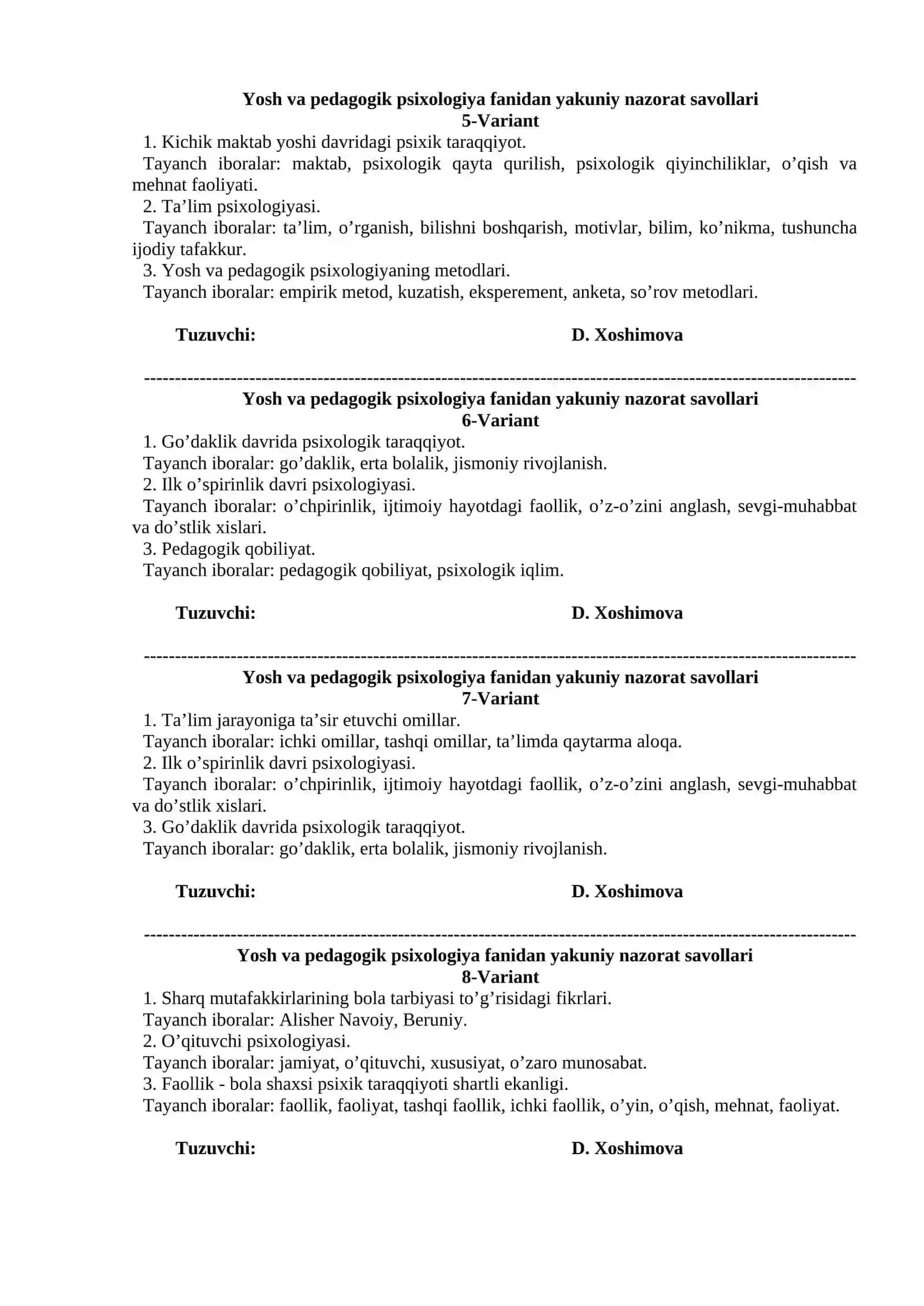 Yosh va pedagogik psixologiya fanidan yakuniy nazorat savollari 1-Variant 2
