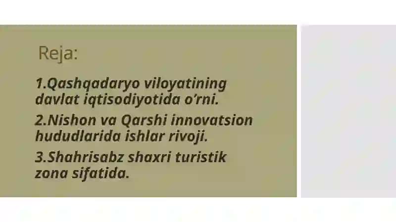 Qashqadaryoviloyatidainnovatsionhududlar:NISHON,QARSHI 2