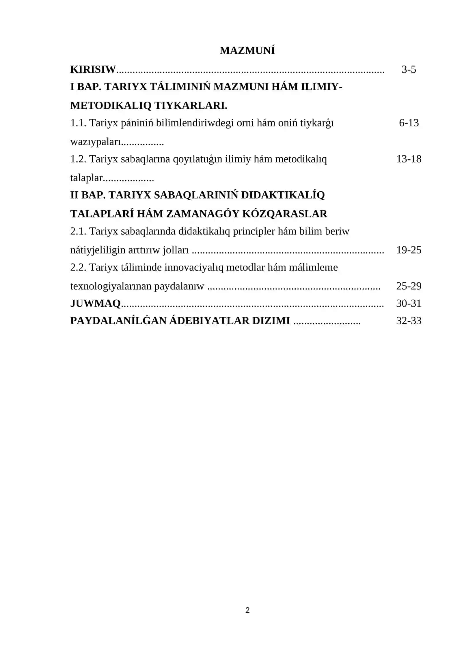 TARIYX TÁLIMINIŃ MAZMUNI HÁM ILIMIY-METODIKALIQ TIYKARLARI 2