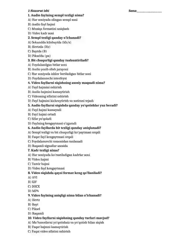 Informatika fanidan NAZORAT ISHLAR DAFTARI 2