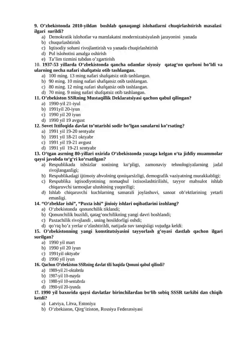 O‘ZBEKISTONNING ENG YANGI TARIXI” FANI BO'YICHA NAZORAT TESTI 2