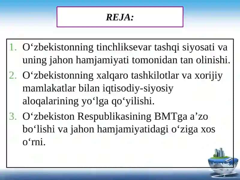 O'zbekistonning xorijiy mamlakatlar bilan ko‘p tomonlama hamkorlik munosabatlari 2