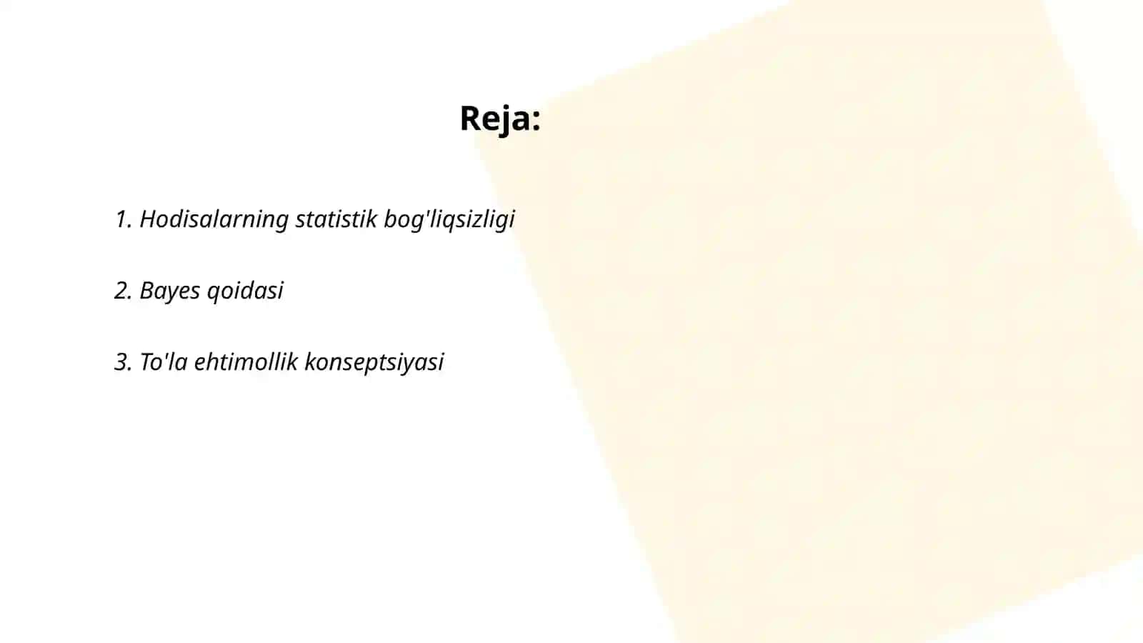 Hodisalarning bog’liqsizligi. To’la ehtimollik va Bayes formulalari 2