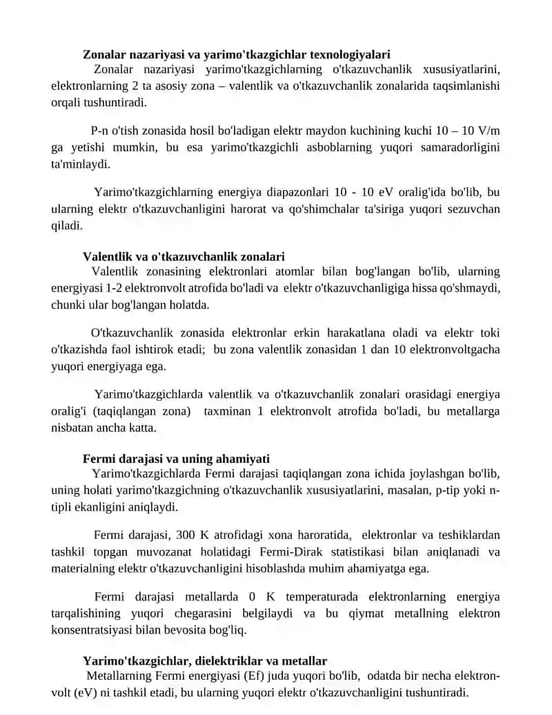 Qattiq jismlar zonalar nazariyasining asoslari 2