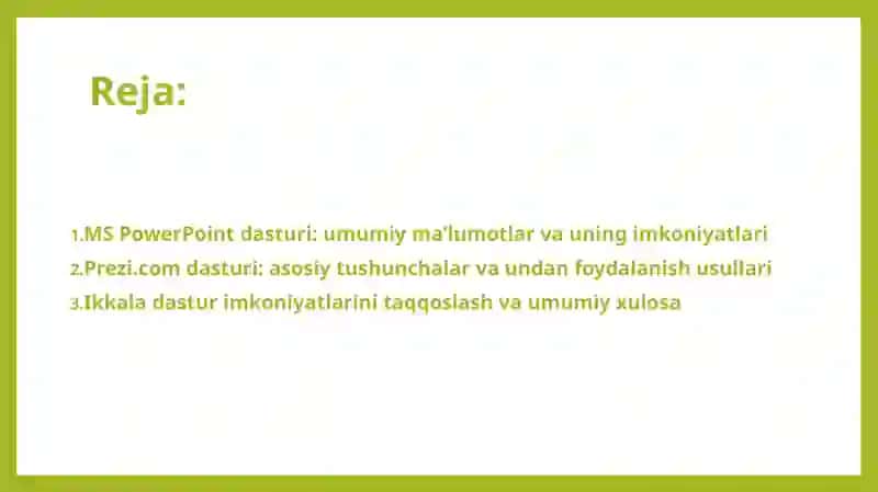 Taqdimotlar yaratish dasturlari MS Power Point haqida umumiy ma'lumotlar, imkoniyatlari. Prezi.com dasturlari va ulardan foydalanish asoslari. 2