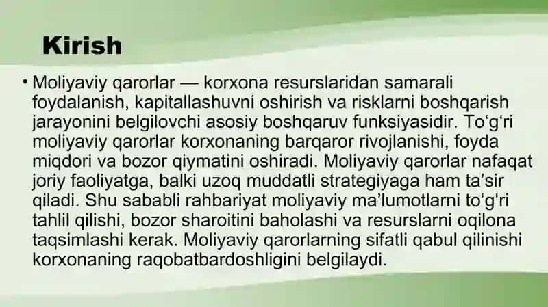 Korxonalarda moliyaviy qarorlar qabul qilish asoslari 2