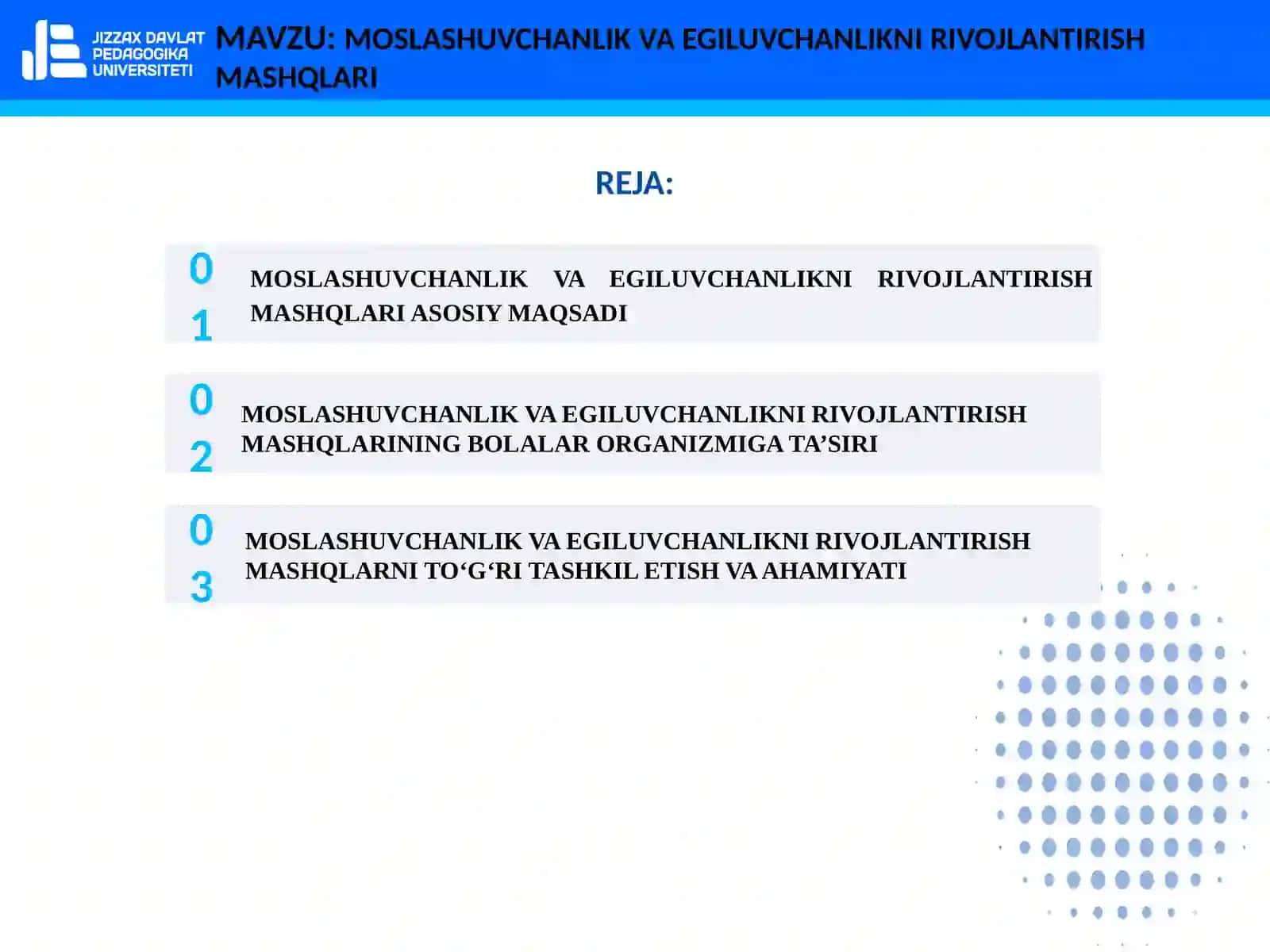 MOSLASHUVCHANLIK VA EGILUVCHANLIKNI RIVOJLANTIRISH MASHQLARI 2