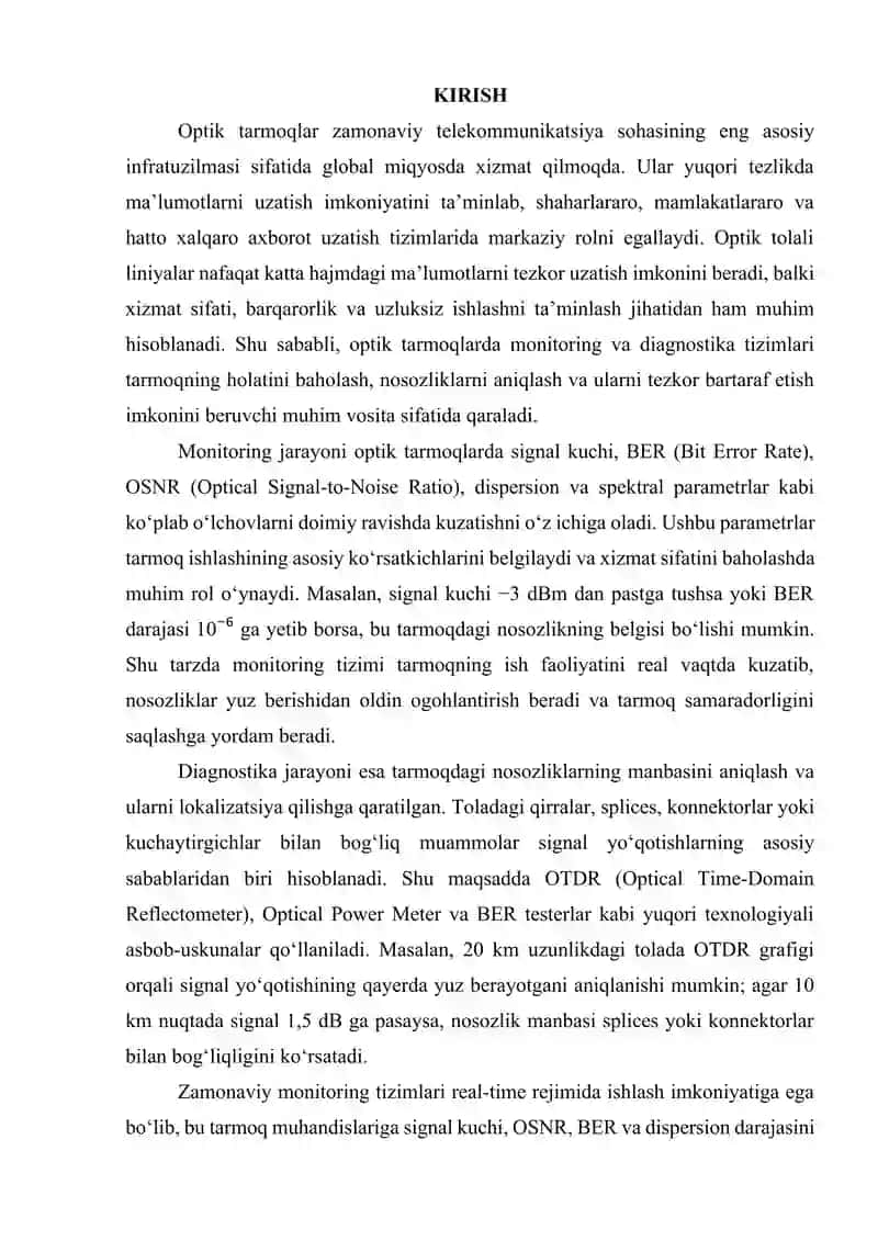 Optik tarmoqlarda monitoring va diagnostika usullari 2