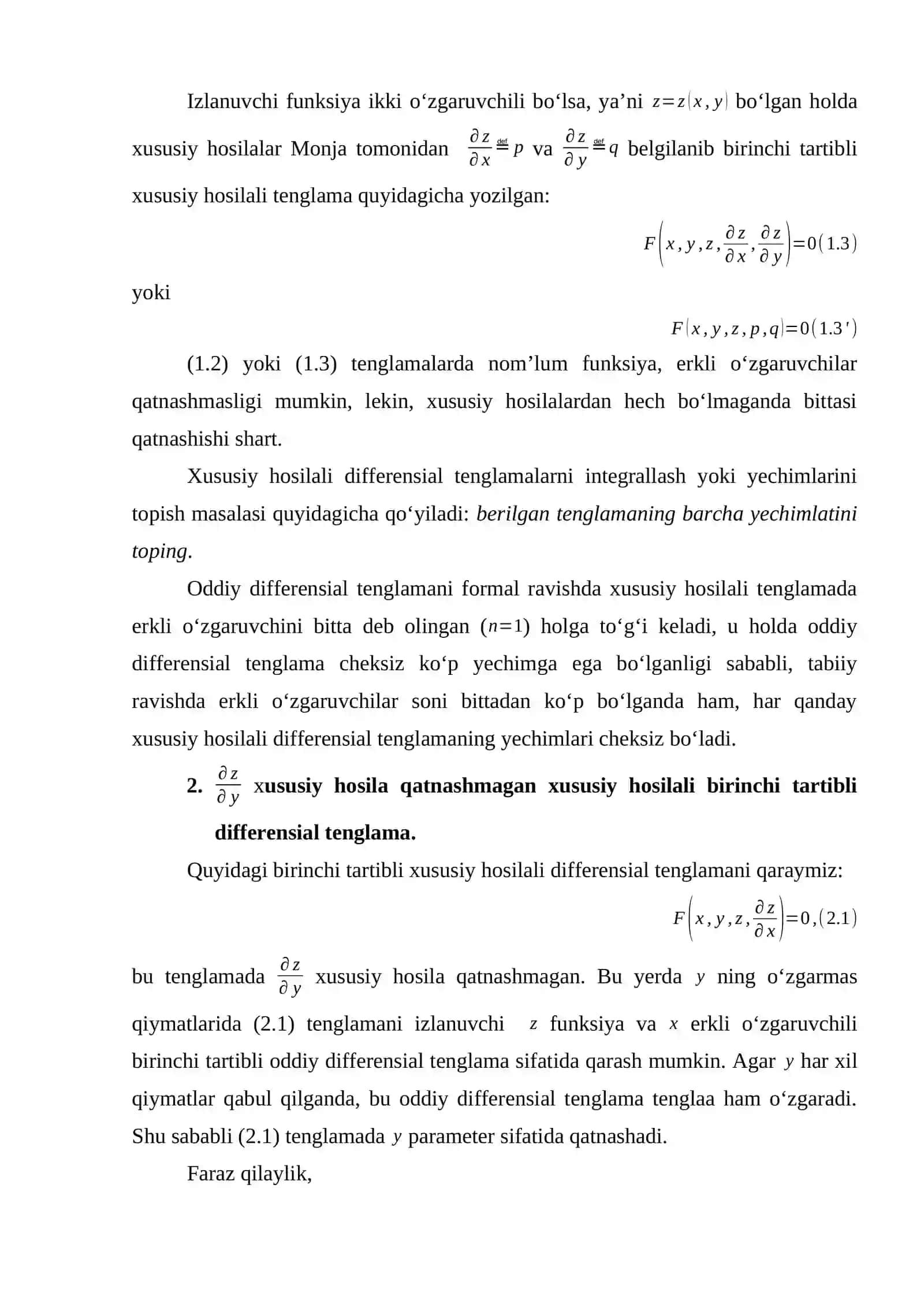 Xususiy hosilali birinchi tartibli differensial tenglamalar 2