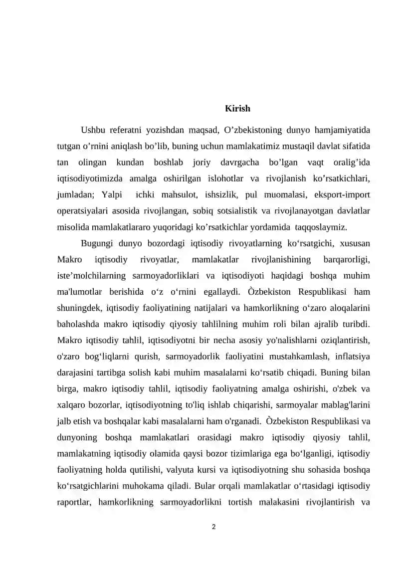Òzbekiston Respublikasi va boshqa mamlakatlar asosiy Makro iqtisodiy qiyosiy tahlili 2