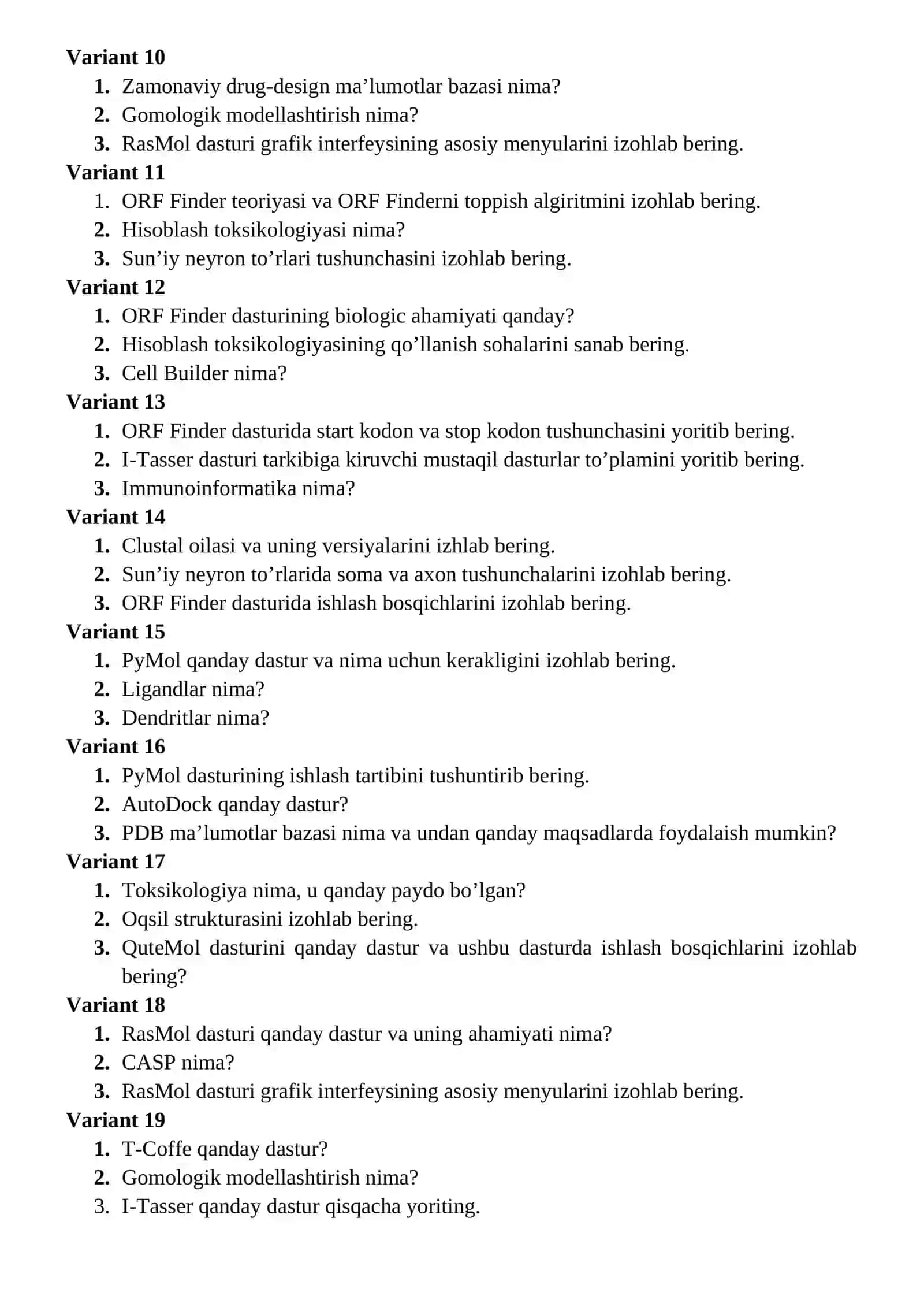 Bioinformatika fanidan biologiya 4-kurs yo’nalishi uchun 2